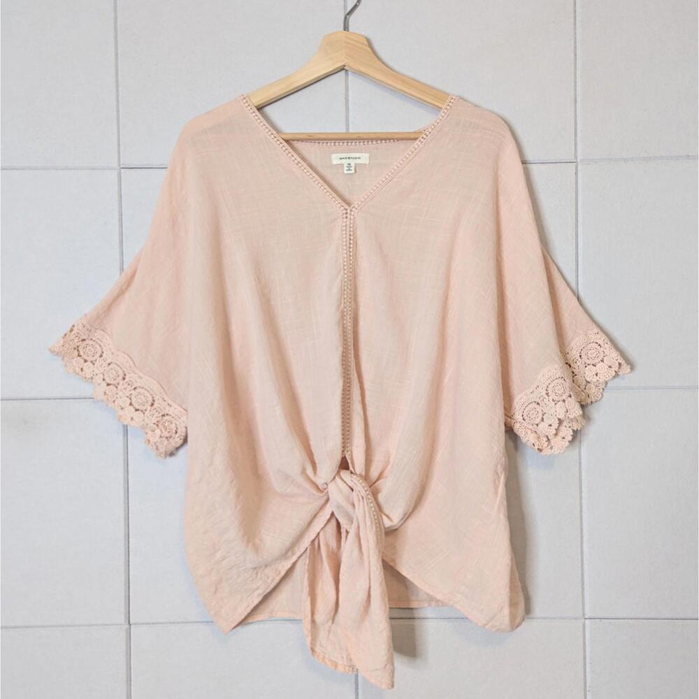 Max Studio delicate tie front cotton crochet sleeve blouse